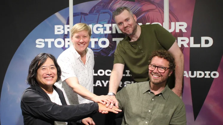 Martin McBride and Teppei Tachibana of Side layer hands with Benedikte Mikkelsen and Christoffer Holmgard of Modl.ai to celebrate the signing of a six-month MoU at Gamescom 2026