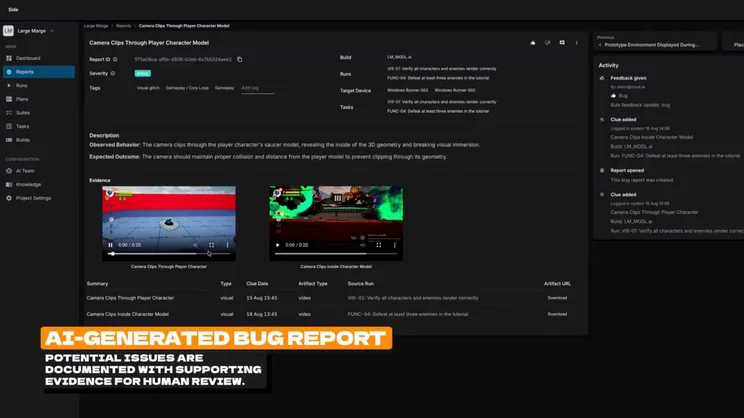 A screenshot from the Modl.ai demo showing an AI-generated bug report