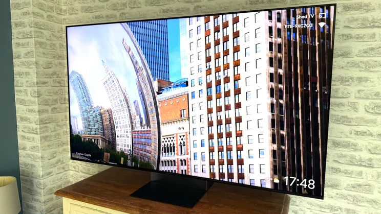 The Sony Bravia 9 II True RGB TV on a wooden table displaying a photo by Raghav Gupta