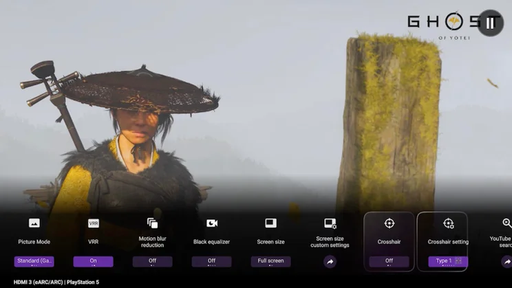 The Sony Game mode dashboard displayed on the Sony Bravia 9 II True RGB TV while playing Ghost of Yotei