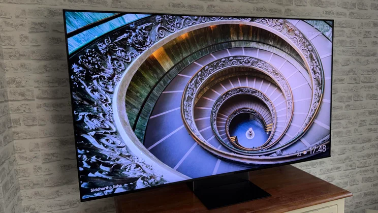 The Sony Bravia 9 II True RGB TV on a wooden table displaying a photo by Siddhartha Saha
