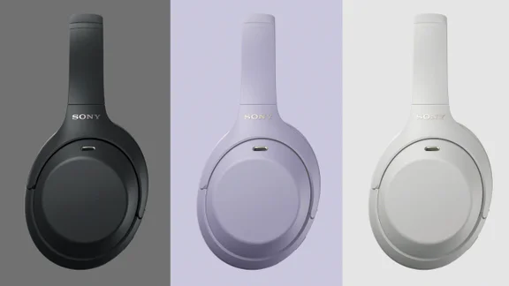 Three Sony WH-1000XM4C headphones in Black, Lavender and Silver