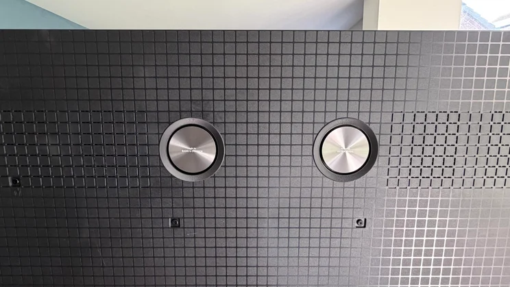 The audio system built into the rear of the TCL C8L SQD Mini LED TV