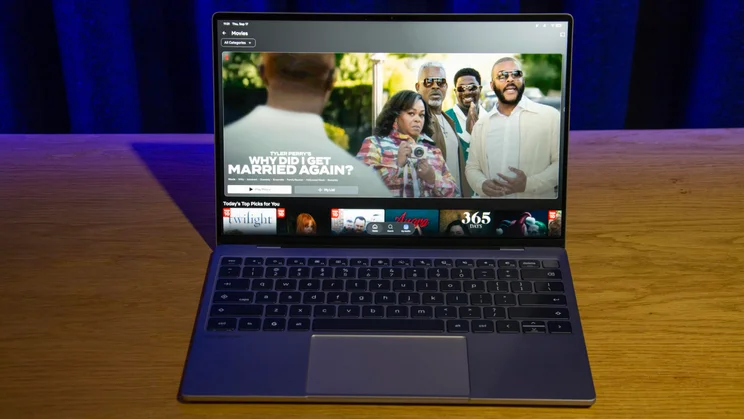 Front view of the XPS Googlebook with its lid open running Netflix