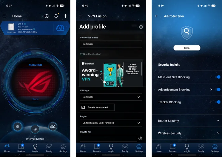 3x Android screnshots Asus wifi router settings