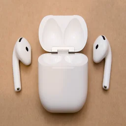 Apple AirPods 5 open charging case in the centre with the left and right earbuds lying on either side of it