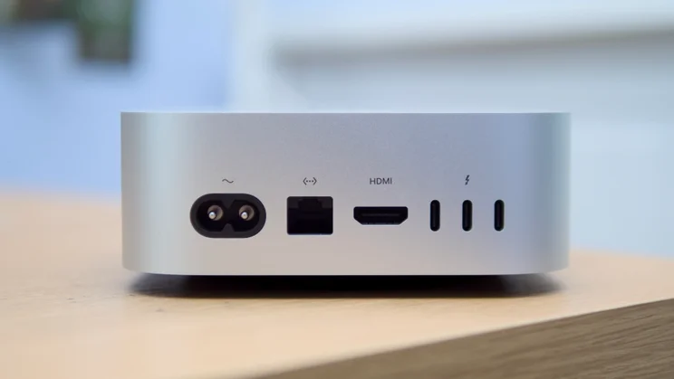 Rear view of the Apple Mac mini (M5 Pro, 2026), showing the power connector, Ethernet, HDMI and Thunderbolt ports.