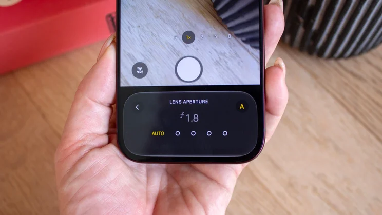 iPhone 18 Pro camera app showing variable lens aperture controls set to f/1.8