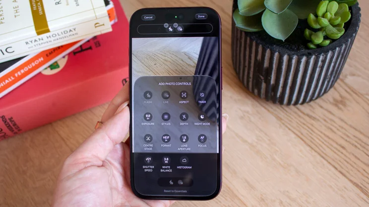 iPhone 18 Pro camera app's expanded photo controls menu, showing options like Flash, Live, Aspect, Exposure, Styles, and Night Mode