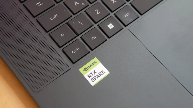 Close-up of the lower-left corner of the Asus ProArt P16 RTX Spark laptop keyboard, showing the Caps, Shift, Ctrl, Fn, Windows and Alt keys, the speaker grille and the Nvidia RTX Spark sticker.