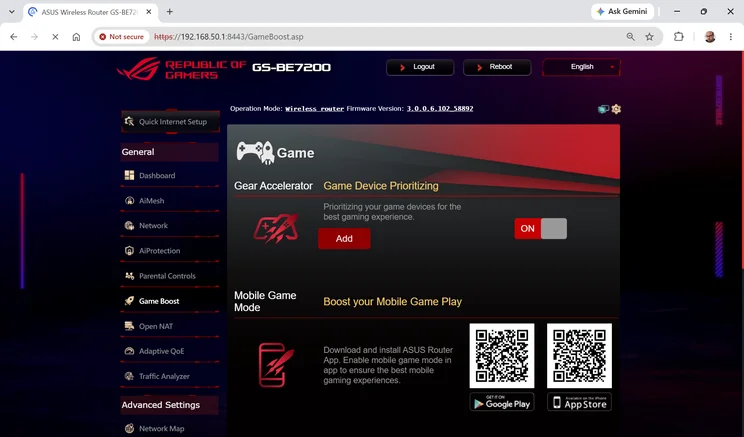 Asus ROG Strix GS-BE7200 web interface Game Boost page with the Game Device Prioritizing toggle on and QR codes for the ASUS Router mobile app