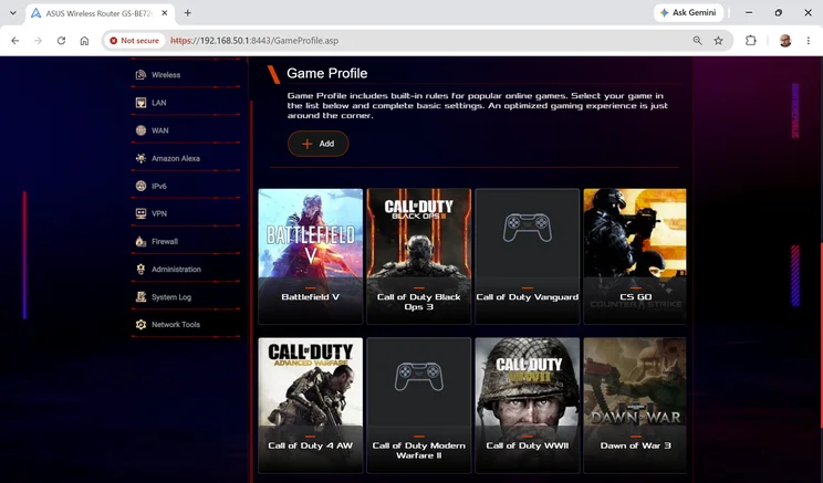 Asus ROG Strix GS-BE7200 web interface Game Profile page listing built-in game presets such as Battlefield V, Call of Duty titles and CS GO