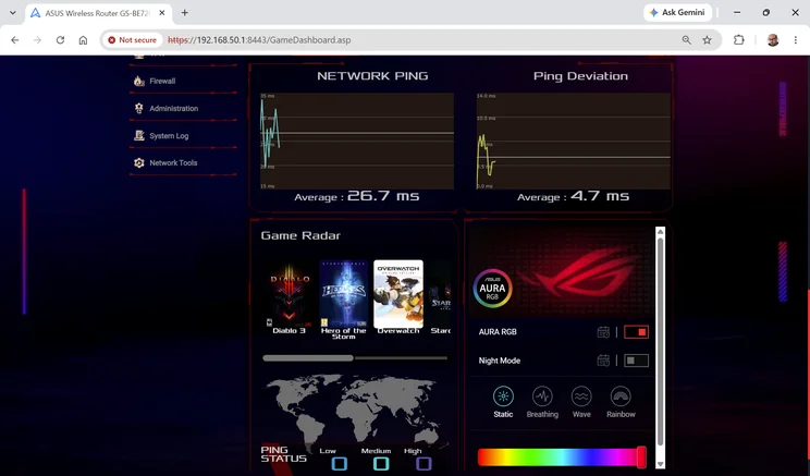 Asus ROG Strix GS-BE7200 web interface Game Dashboard showing network ping and ping deviation graphs, a Game Radar of game titles and Aura RGB lighting controls