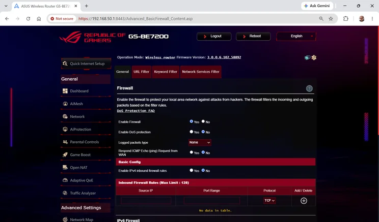 Asus ROG Strix GS-BE7200 web interface Firewall settings page with the firewall enabled, DoS protection off and an empty inbound firewall rules table