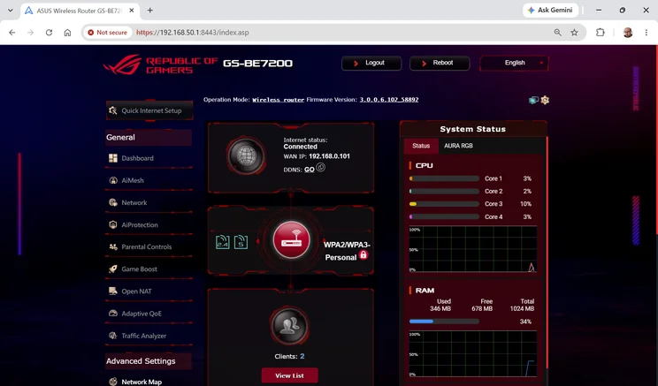 Asus ROG Strix GS-BE7200 web interface home screen showing internet connected, WPA2/WPA3 wireless status, two clients, and CPU and RAM usage