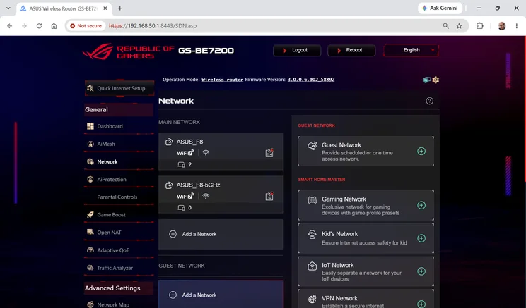 Asus ROG Strix GS-BE7200 web interface Network page showing the main 2.4GHz and 5GHz Wi-Fi 7 networks plus guest, gaming, kid's, IoT and VPN network options