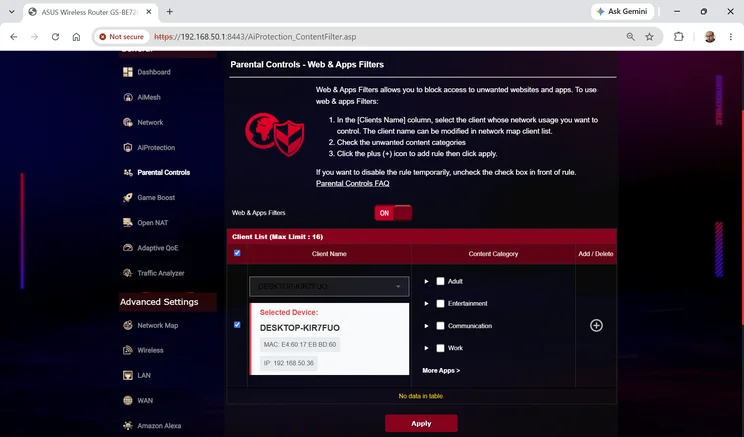 Asus ROG Strix GS-BE7200 web interface Parental Controls Web and Apps Filters page with the filter switched on and a client selected for content blocking