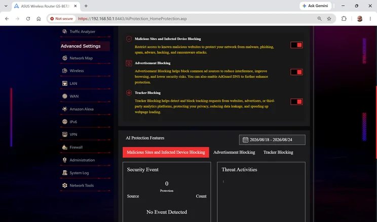 Asus ROG Strix GS-BE7200 web interface AiProtection page with malicious site, advertisement and tracker blocking enabled and no security events detected