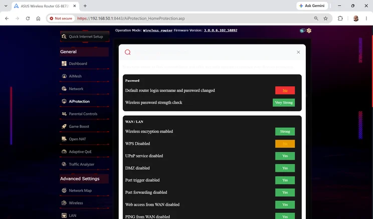 Asus ROG Strix GS-BE7200 web interface Router Security Assessment listing password, WAN and LAN checks, with the default login flagged as not changed