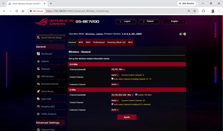 Asus ROG Strix GS-BE7200 web interface Wireless General settings showing 2.4GHz and 5GHz channel bandwidth, with 160 MHz enabled on 5GHz