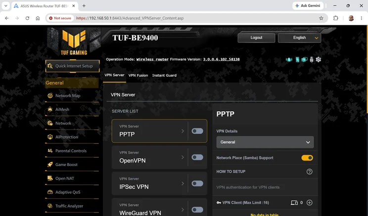 VPN Server page in the web interface of the Asus TUF Gaming BE9400, listing PPTP, OpenVPN, IPSec VPN and WireGuard VPN servers all switched off, with PPTP details open, Samba support on and no VPN clients.