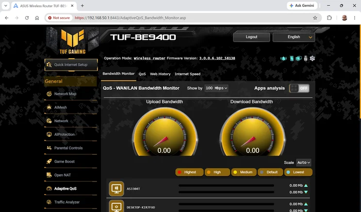 Adaptive QoS Bandwidth Monitor in the web interface of the Asus TUF Gaming BE9400, with upload and download gauges both reading 0.00, Apps analysis turned off, and a client list that starts with AS3304T and DESKTOP-KIR7FUO.