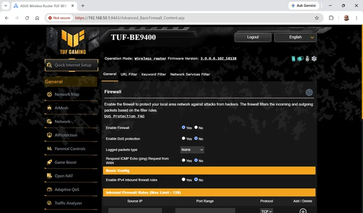 Firewall settings page in the web interface of the Asus TUF Gaming BE9400, with the firewall enabled, DoS protection off, ping replies from the WAN off, IPv4 inbound firewall rules off and an empty inbound rules table.