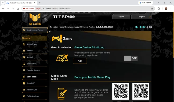Game Boost page in the web interface of the Asus TUF Gaming BE9400, showing the Gear Accelerator game device prioritizing switch turned off with an Add button, and a Mobile Game Mode section with two QR codes for downloading the ASUS Router app.