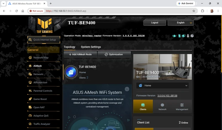 AiMesh Topology page in the web interface of the Asus TUF Gaming BE9400, showing the TUF-BE9400 node named Home with 2 clients, Add AiMesh Node and Optimization buttons, an intro to the ASUS AiMesh WiFi System, and firmware version 3.0.0.6.102_58138.