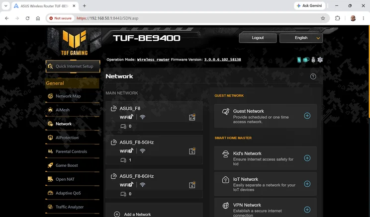 Network page in the web interface of the Asus TUF Gaming BE9400, listing the main network ASUS_F8 on 2.4, 5 and 6 GHz Wi-Fi 7 bands with 0, 1 and 0 devices, plus options for guest, kid's, IoT and VPN networks.