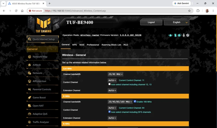 Wireless General settings in the web interface of the Asus TUF Gaming BE9400: 2.4 GHz at 20/40 MHz on channel 11, 5 GHz at 20/40/80/160 MHz with 160 MHz enabled on channel 64 with DFS channels allowed, and a 6 GHz section below.