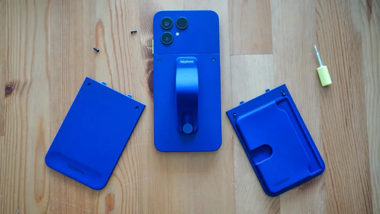 Fairphone 6 Plus face down on a table with optional replacement back panels