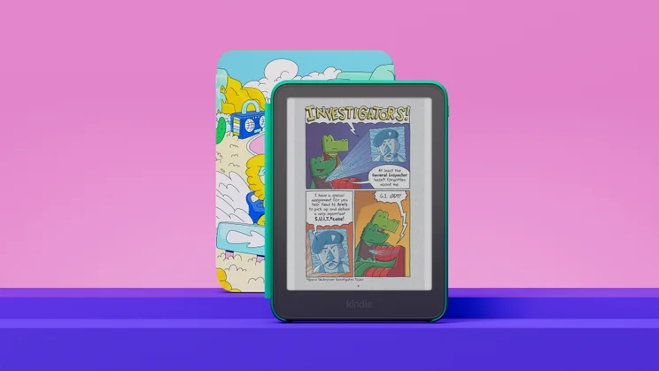 Kindle Colorsoft Kids, front and rear view on pink and blue background