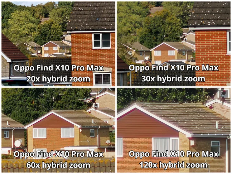 Four-panel comparison image showing four different zoom shots of houses and trees