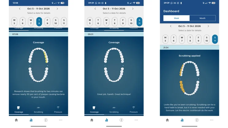 A series of screenshots from the Philips Sonicare app, showing brushing performance