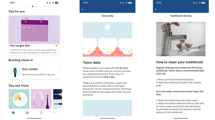 A series of screenshots from the Philips Sonicare app, showing brushing tips
