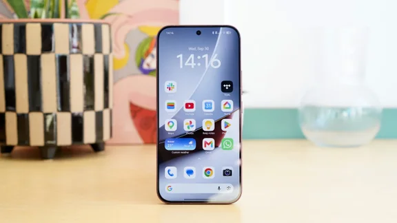 Poco F9 Ultra standing upright, display on homescreen