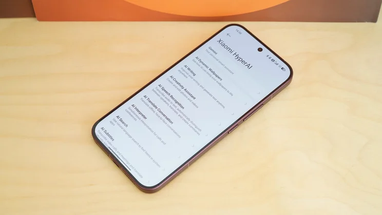 Poco F9 Ultra laying face up, displaying HyperAI settings