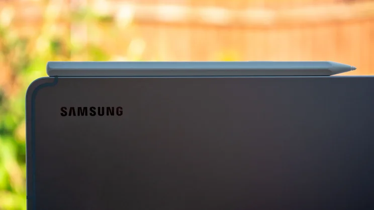 Samsung Galaxy Tab S12 Plus rear with S Pen stylus attached to the top edge