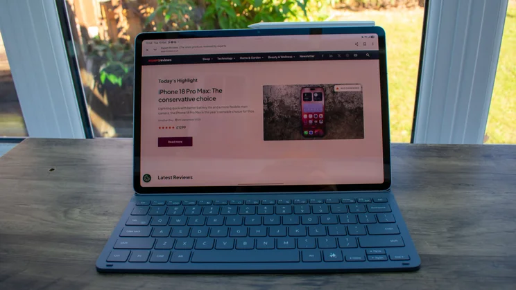 Samsung Galaxy Tab S12 Plus with Slim Keyboard case, open in laptop style on a desk