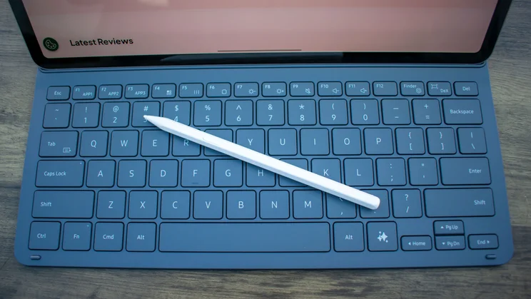Samsung Galaxy Tab S12 Plus keyboard with the S Pen stylus sat on top