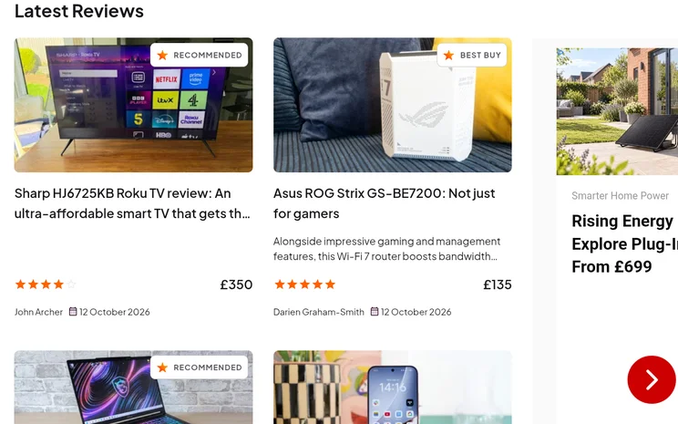 Zoomed-in Chrome page on Googlebook OS showing the Latest Reviews section of Expert Reviews, with a Sharp Roku TV review at &pound;350 and an Asus ROG Strix router review at &pound;135.