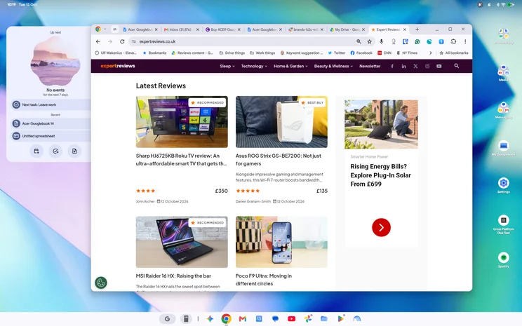 Full Googlebook OS desktop at 10:19 with a Chrome window on the Expert Reviews site, an Up next panel on the left, desktop app folders on the right and a shelf along the bottom.