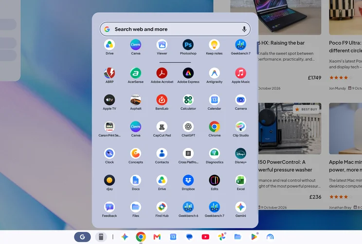 Googlebook OS app launcher open over a browser window, with a Search web and more bar and a grid of app icons including Drive, Canva, Chrome and Gemini.