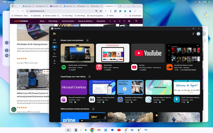 Googlebook OS desktop with the Play Store open over a Chrome window, showing app rows for streaming music, note-taking and premium movies, including Spotify, YouTube and Microsoft OneNote.