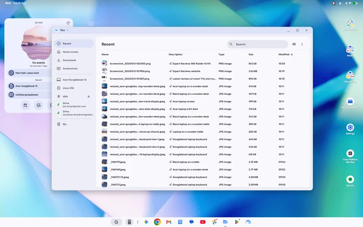 Googlebook OS desktop with the Files app open on the Recent list, showing image files with their names, descriptions, sizes and modified times, and a sidebar of folders and Drive accounts.