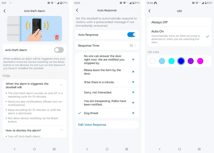 Three screens from the Tapo D260 Pro doorbell app settings: the Anti-theft Alarm page with its toggle off and FAQs, the Auto Response page with the toggle on, a 5S response time and the "Dog threat" message selected, and the LED page with Auto On chosen and a blue LED colour selected.