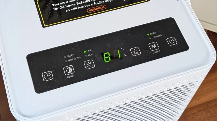A closeup of the Vonhaus 12l dehumidifier's control panel