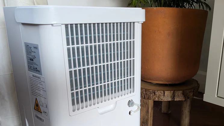 A closeup of the rear of the Vonhaus 12l dehumidifier, showing its filter