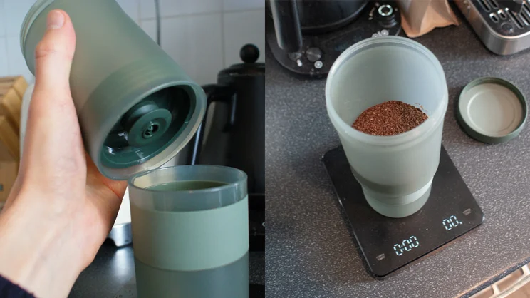 Side-by-side photos of the Wacaco Prestina coffee maker in use. On the left, a hand is about to position the brewing chamber and filter on top of the cup. On the right is a bird's eye view of the brewer, containing ground coffee, standing upright on an electric scale